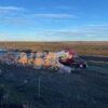 Semi-truck loaded with frozen pizzas rolled on westbound I-90 west of Ritzville