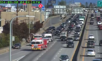 Car crash blocks lanes on westbound I-90 at Maple Street off-ramp, causing traffic delays