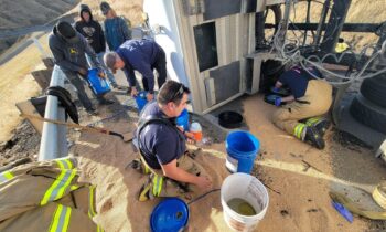 Truck hauling grain overturns near Asotin, driver escapes injury