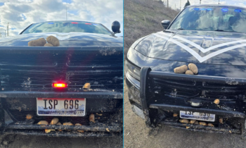 Idaho State Police cruiser has run-in with potatoes