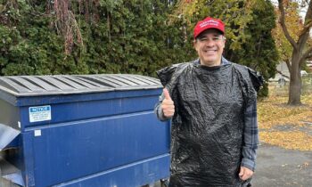 Idaho Attorney General Raúl Labrador celebrates Halloween with garbage-themed costume